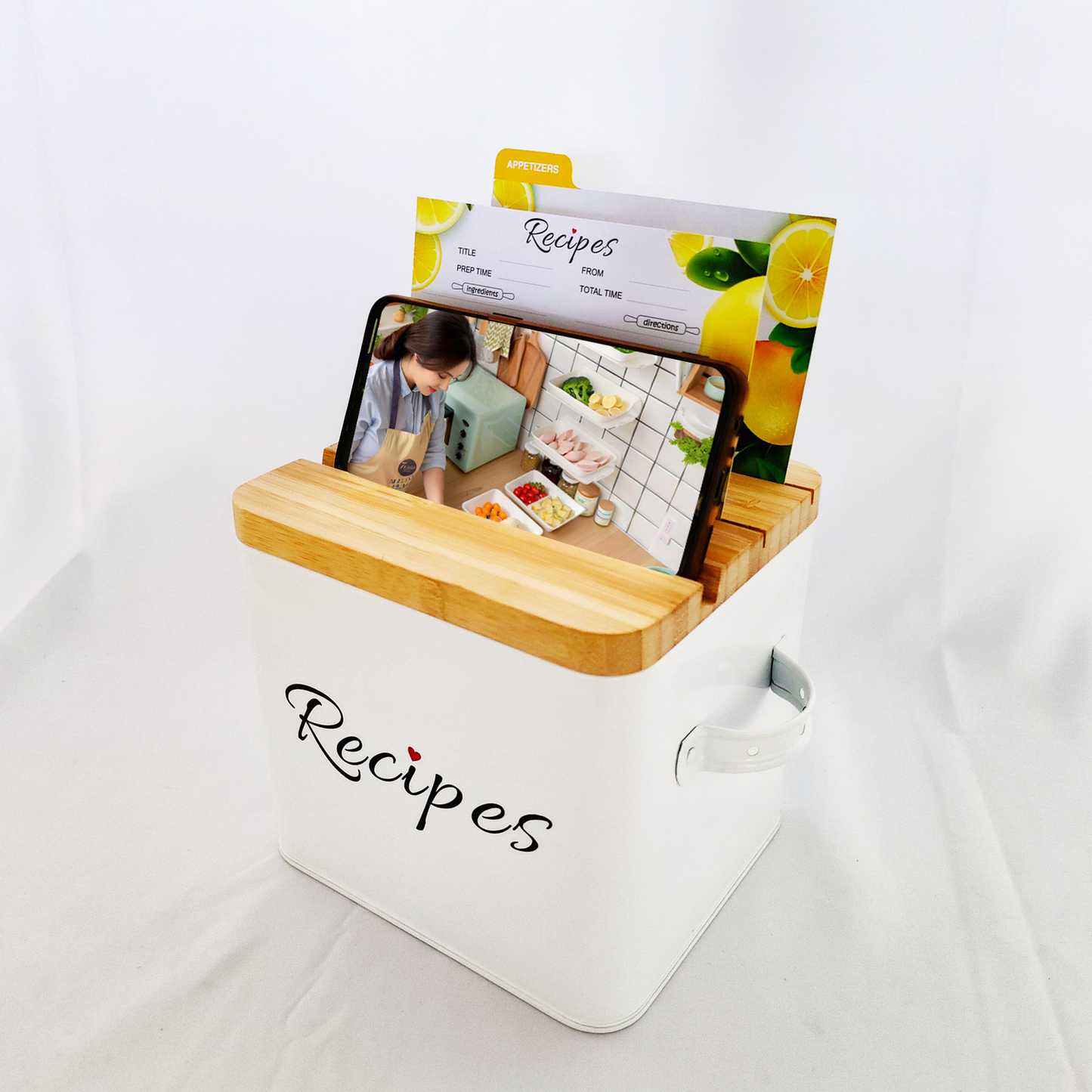 Recipe Box 4x6 Set | Stylish & Durable Metal Recipe Card Box with Bamboo Lid Includes 50 Recipe Cards & 10 Dividers - Perfect Kitchen Organizer and Gift