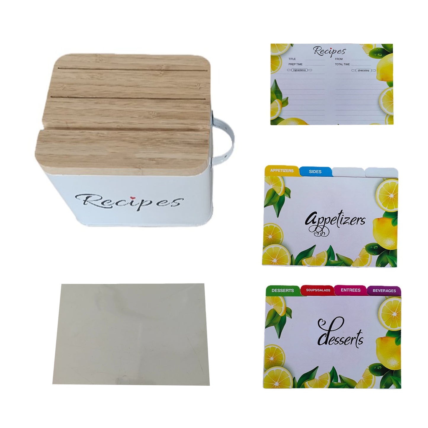 Recipe Box 4x6 Set | Stylish & Durable Metal Recipe Card Box with Bamboo Lid Includes 50 Recipe Cards & 10 Dividers - Perfect Kitchen Organizer and Gift