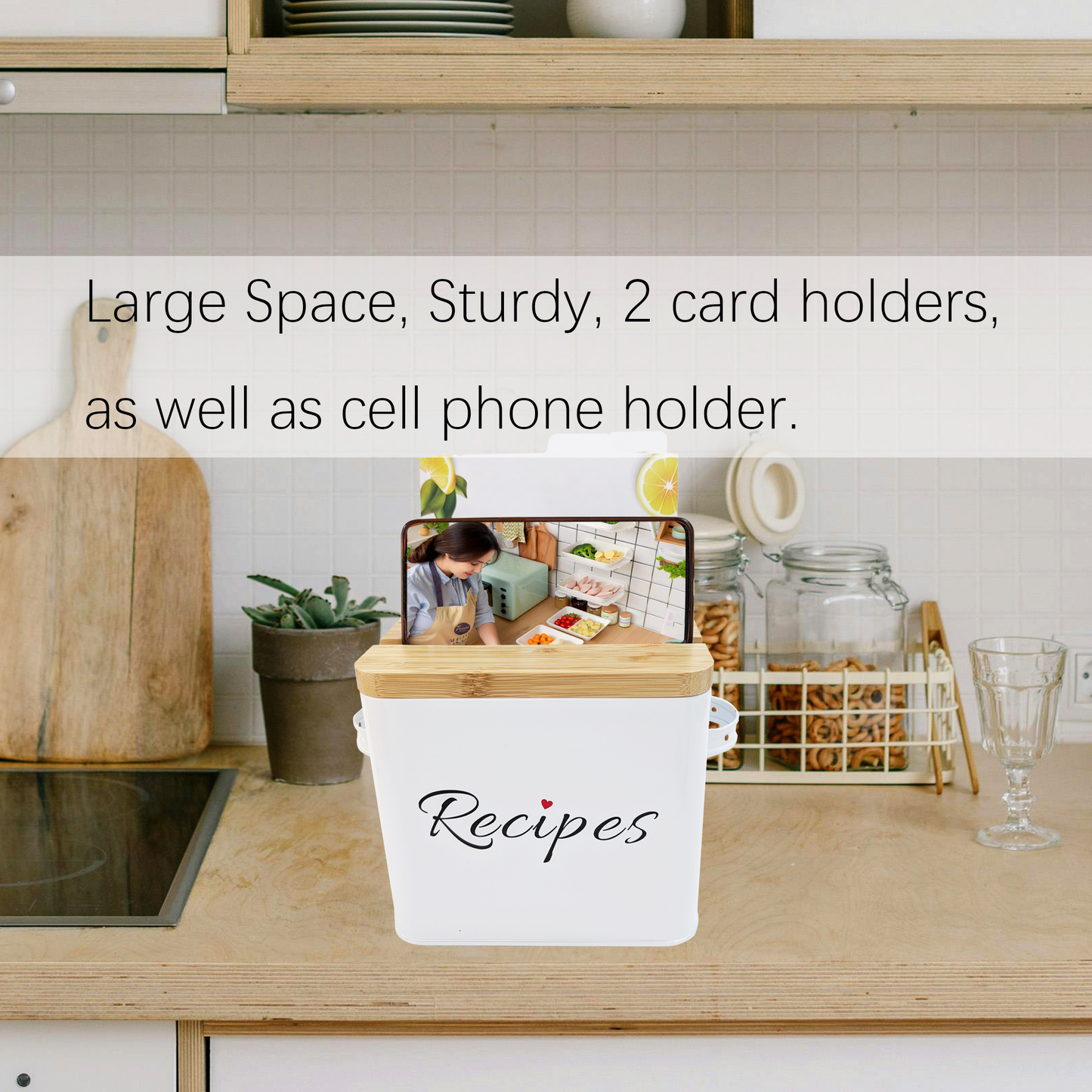 Recipe Box 4x6 Set | Stylish & Durable Metal Recipe Card Box with Bamboo Lid Includes 50 Recipe Cards & 10 Dividers - Perfect Kitchen Organizer and Gift