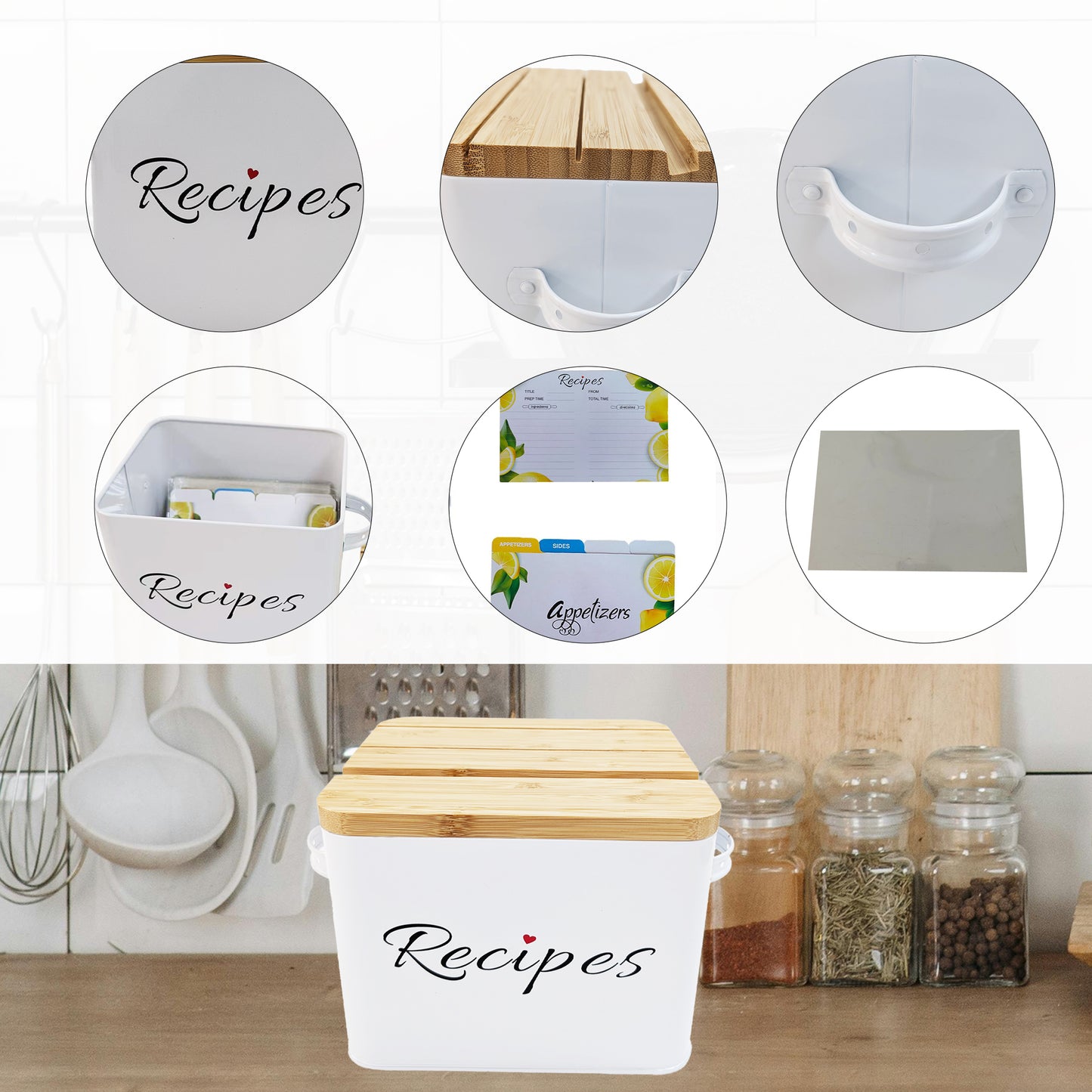 Recipe Box 4x6 Set | Stylish & Durable Metal Recipe Card Box with Bamboo Lid Includes 50 Recipe Cards & 10 Dividers - Perfect Kitchen Organizer and Gift