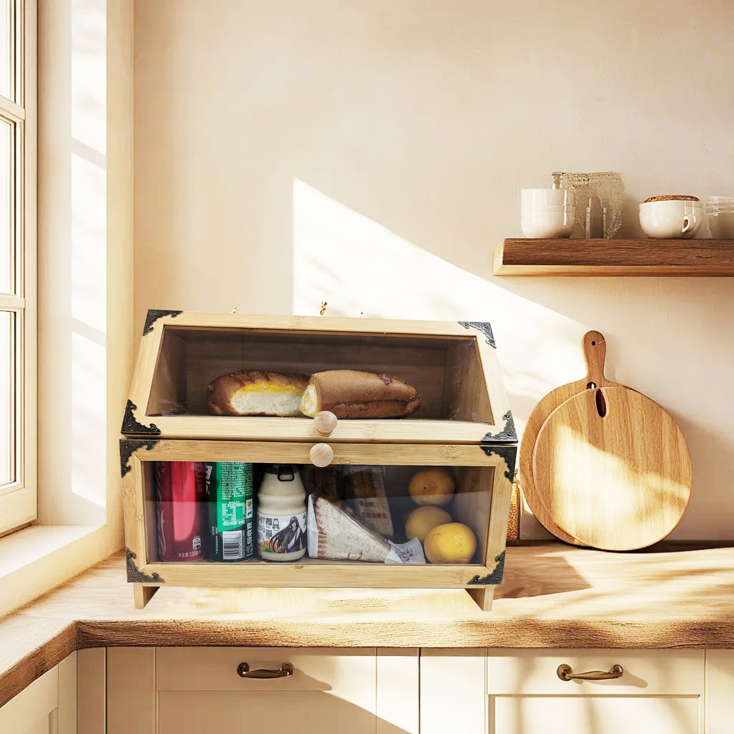 Extra Large Bamboo Corner Bread Box for Kitchen Countertop - Double Layer, Airtight Bread Bin and Holder, Natural Bread Storage Container, Ideal Natural Breadbox Keeper for Homemade Breads
