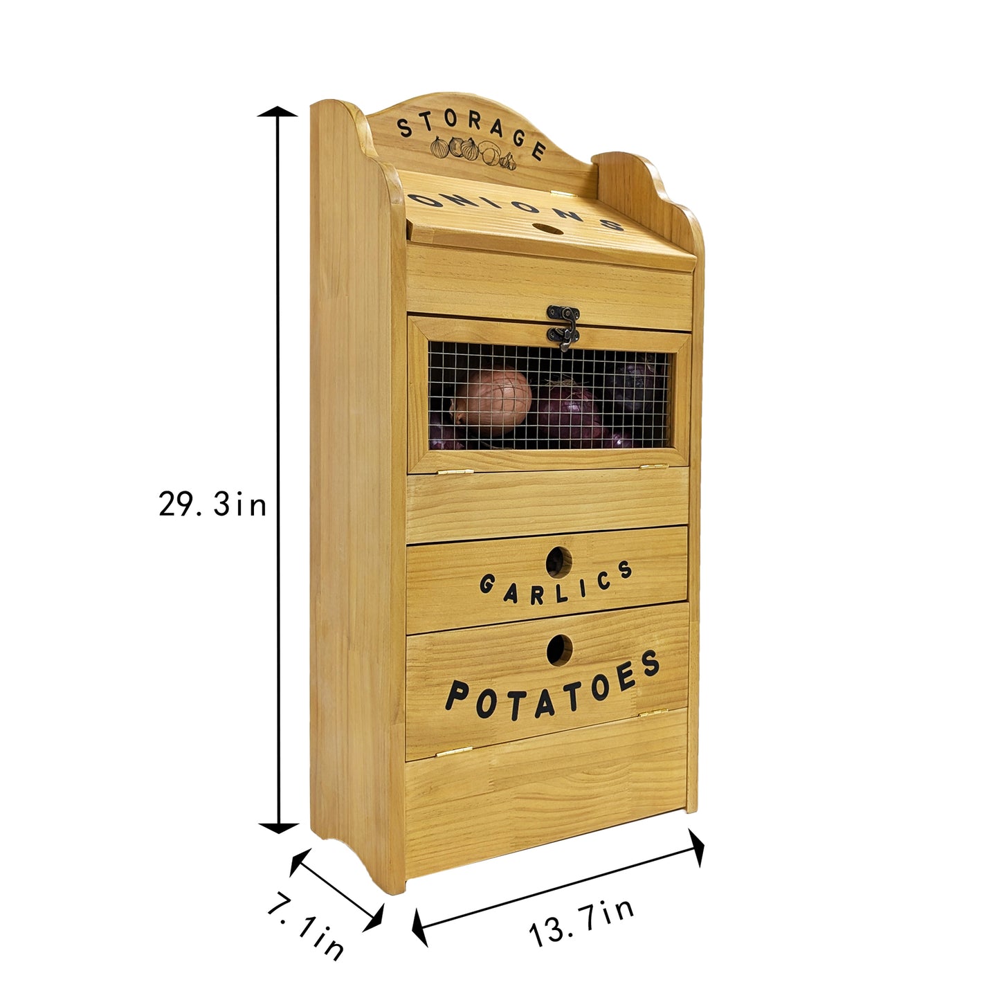 Pine Wood Veggie Bin for Potato, Onion and 1 Garlic Drawer Vegetable Box for Kitchen Storage, Solid Wood Vegetable Bin 13.77" L X 7.1" W X 29.3" H