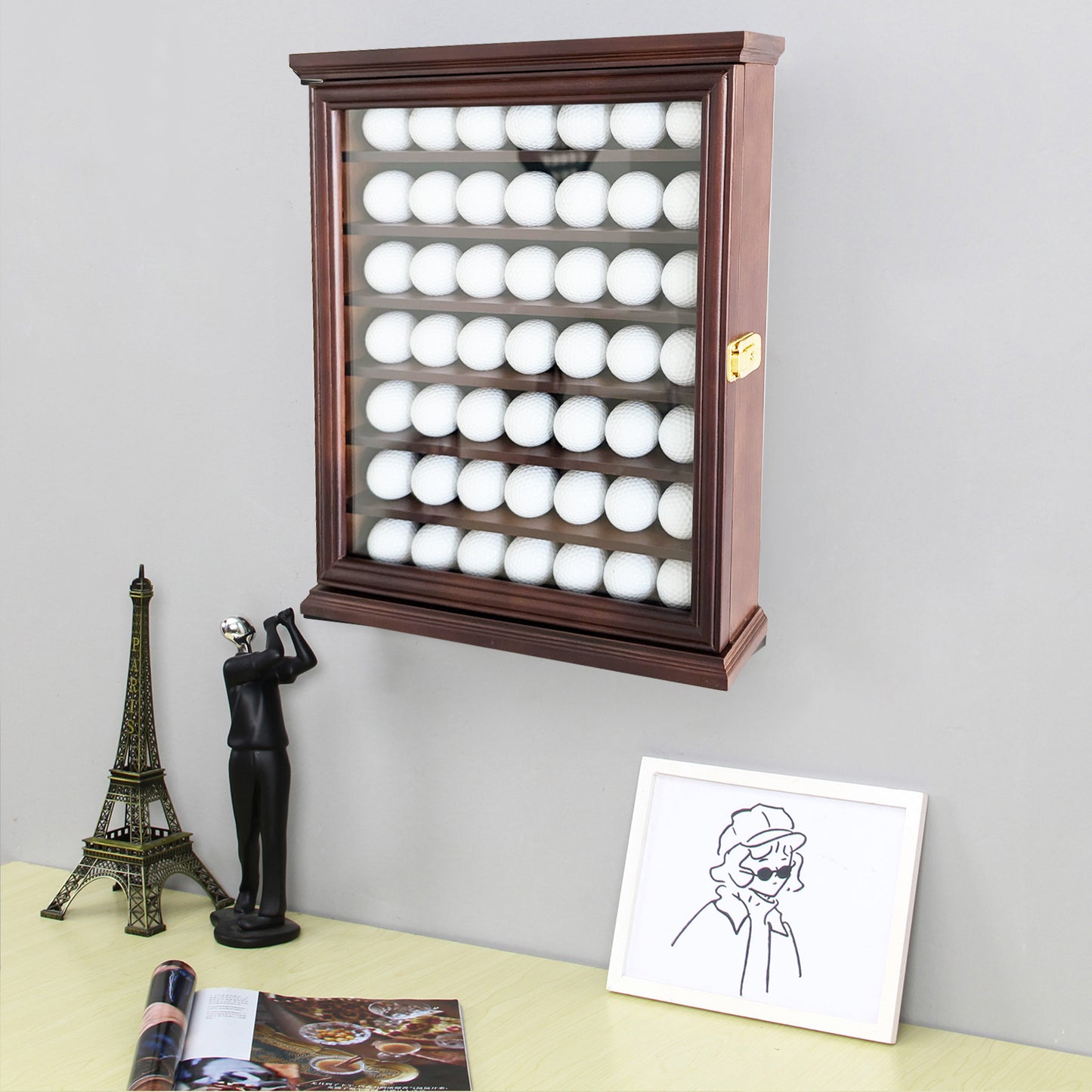 Exquisite Golf Ball Display Case - Lockable Door & Real Glass Window - Golf Ball Holder Display Wall Mount Shadow Box - Black - Office Decor and Storage Solution for Golf Balls