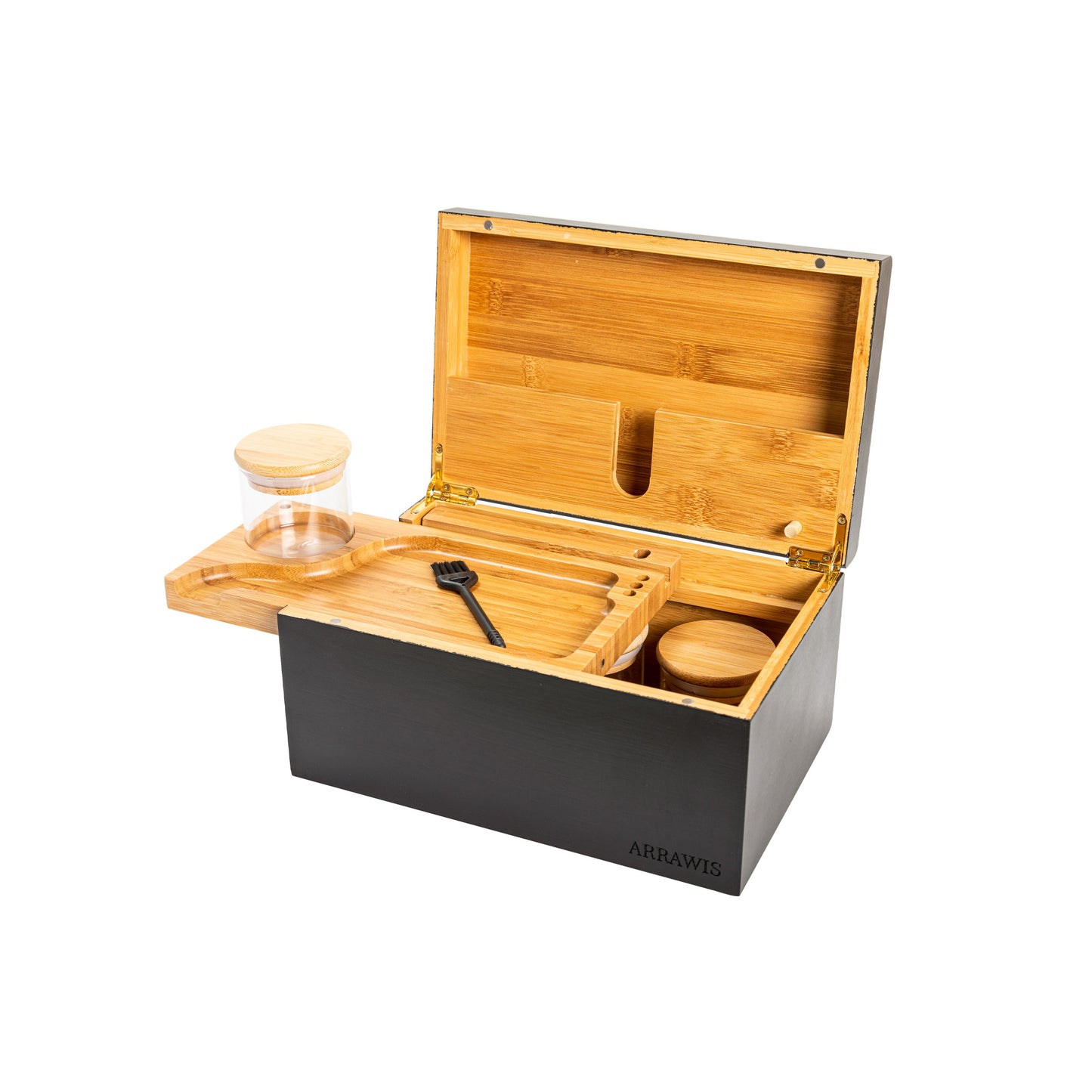 Combo Storage Box - Multipurpose Decorative Box with Removable Tray, Magnetic Lock, 2 Glass Jars - Bamboo Box (Natural Box) (Black Box)