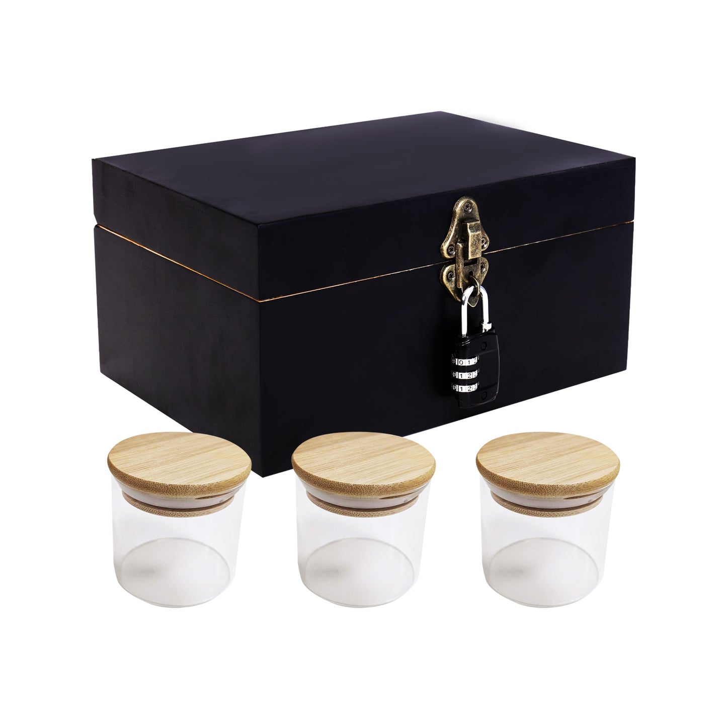 Wooden Lock box Bamboo Chest Kit Storage Box with Bamboo Tray Decorative Box with Combination Lock Box - Trendy & Large Bamboo Box with 3 Glass Jars and Detachabe Tray Wooden Box with Lock