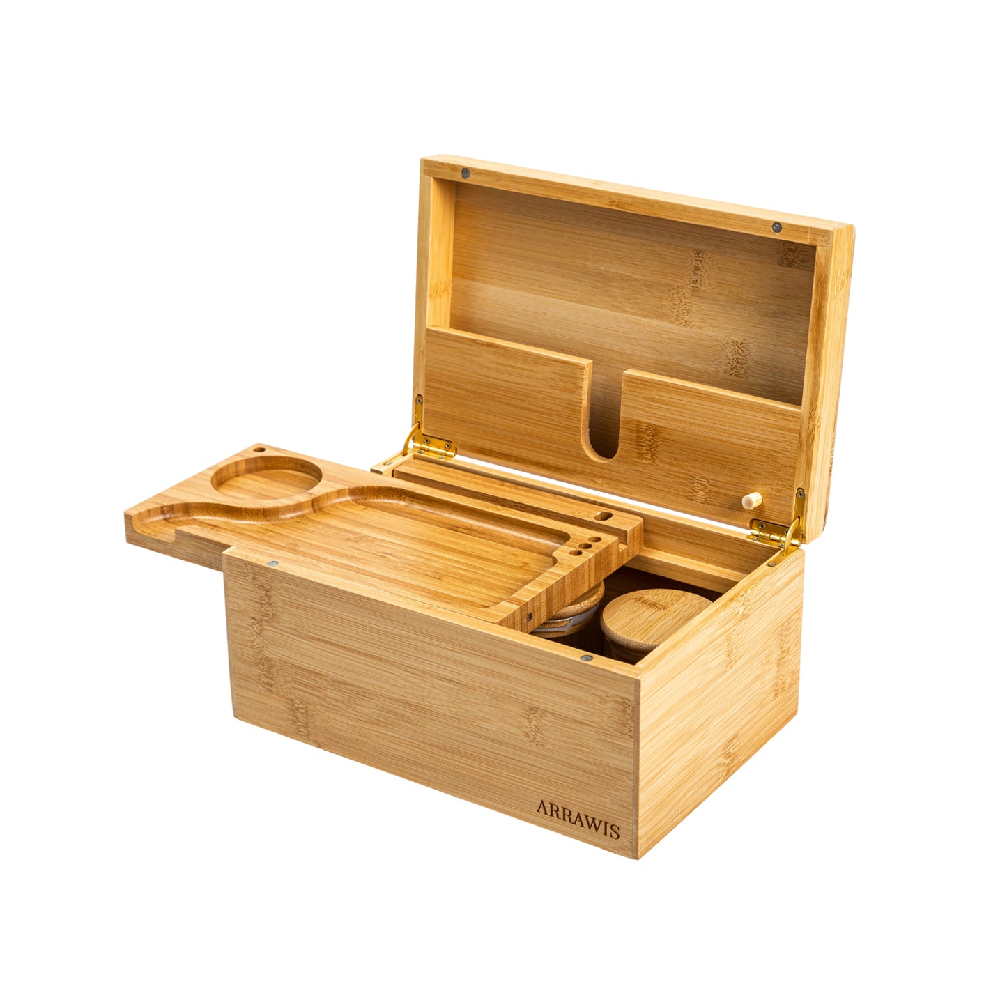 Combo Storage Box - Multipurpose Decorative Box with Removable Tray, Magnetic Lock, 2 Glass Jars - Bamboo Box (Natural Box) (Black Box)