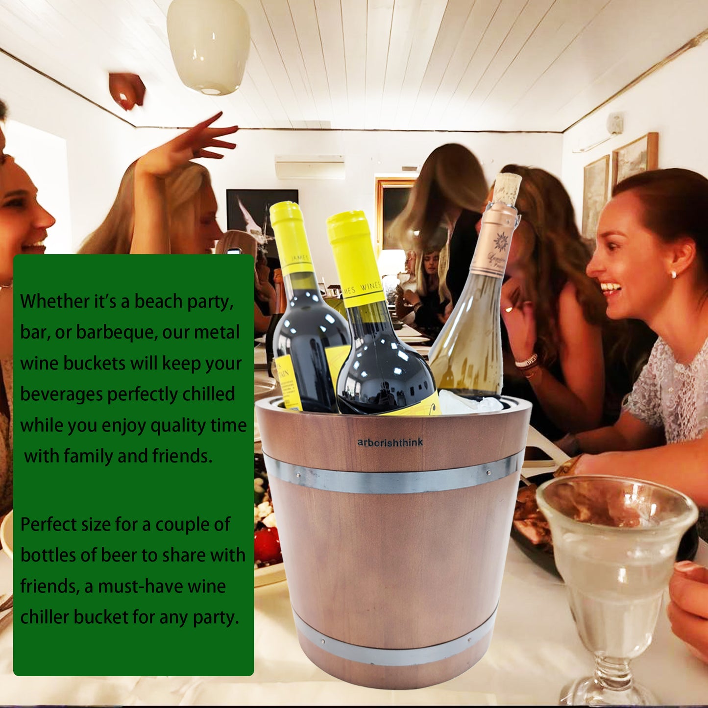 Premium Wine Chiller Buckets - Stainless Steel Wine Cooler Bucket for Parties, Sophisticated Ice Buckets, Wood Ice Bucket for Cocktail Bar and BBQ, Wine Chiller, Champagne Bucket