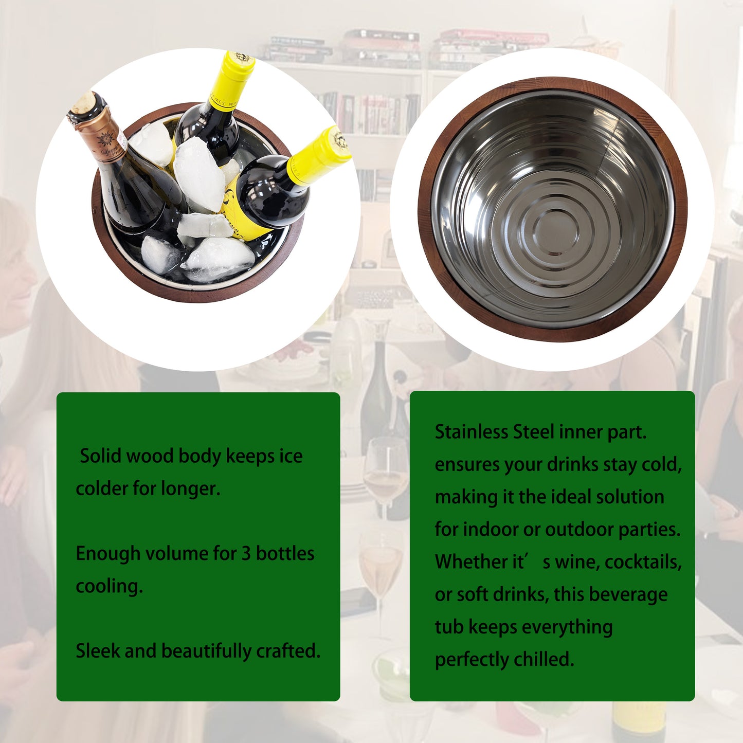 Premium Wine Chiller Buckets - Stainless Steel Wine Cooler Bucket for Parties, Sophisticated Ice Buckets, Wood Ice Bucket for Cocktail Bar and BBQ, Wine Chiller, Champagne Bucket