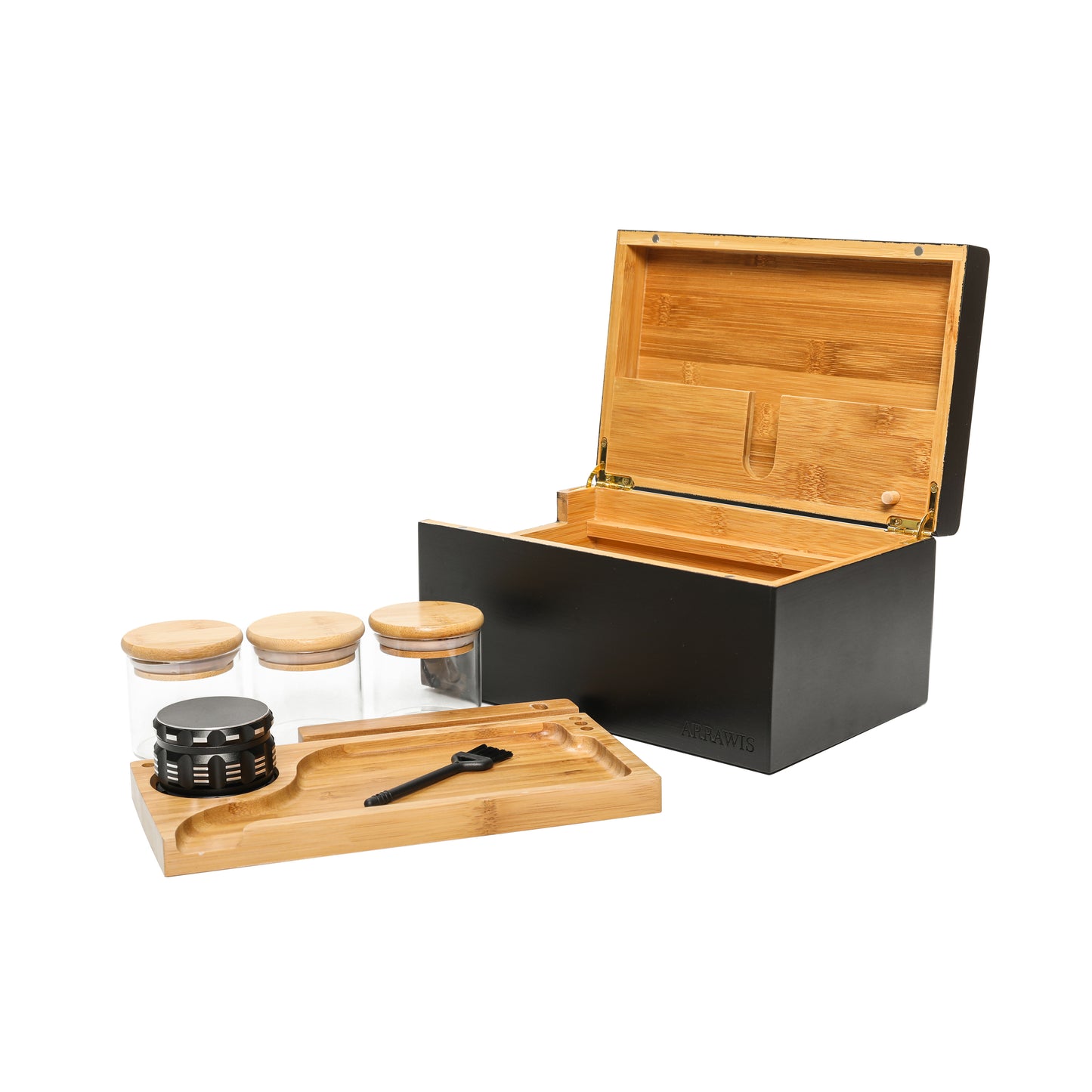 Combo Storage Box - Multipurpose Decorative Box with Removable Tray, Magnetic Lock, 2 Glass Jars - Bamboo Box (Natural Box) (Black Box)