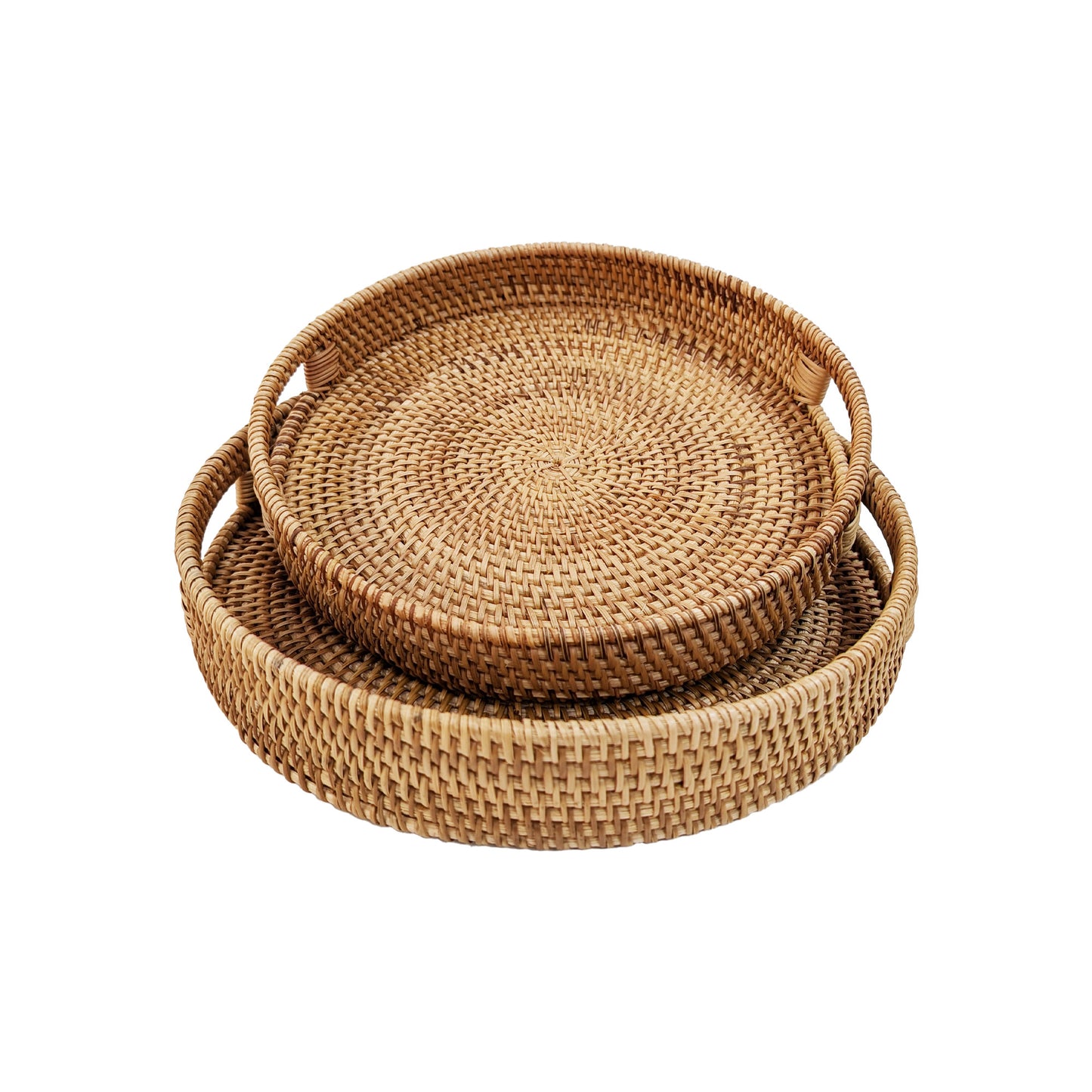 14'' Hand-Woven Round Wicker Basket with Handle Serving Tray Decorative Ottoman Platter for Coffee Table, Breakfast, Drinks, Snack, Bread, Fruit, Vegetables (Natural-Large+Medium)