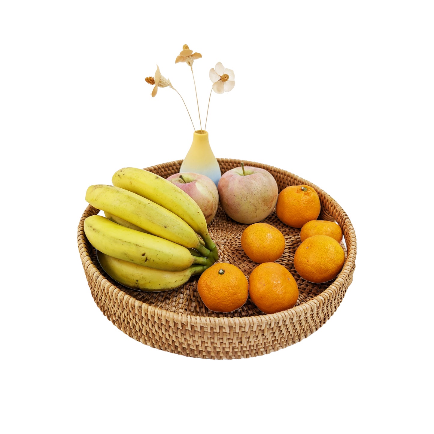 14'' Hand-Woven Round Wicker Basket with Handle Serving Tray Decorative Ottoman Platter for Coffee Table, Breakfast, Drinks, Snack, Bread, Fruit, Vegetables (Natural-Large+Medium)