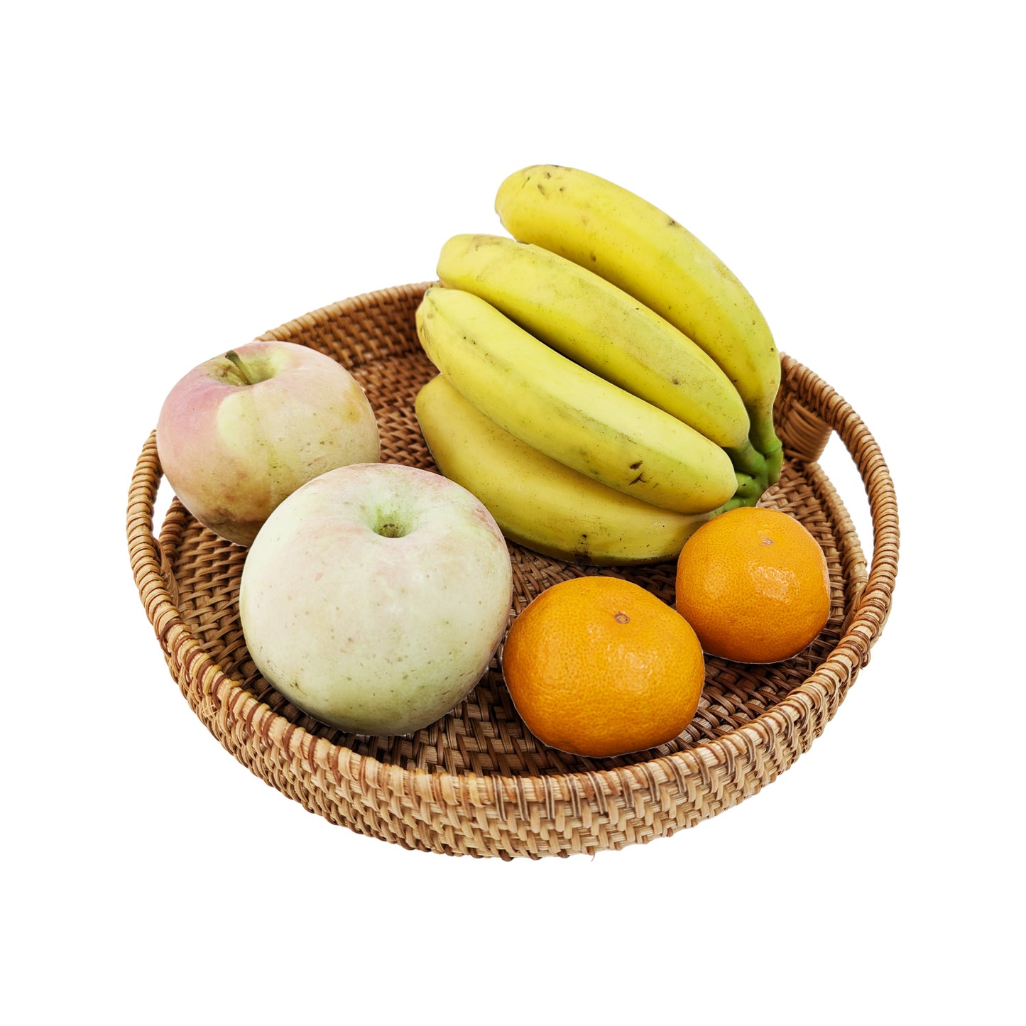 14'' Hand-Woven Round Wicker Basket with Handle Serving Tray Decorative Ottoman Platter for Coffee Table, Breakfast, Drinks, Snack, Bread, Fruit, Vegetables (Natural-Large+Medium)