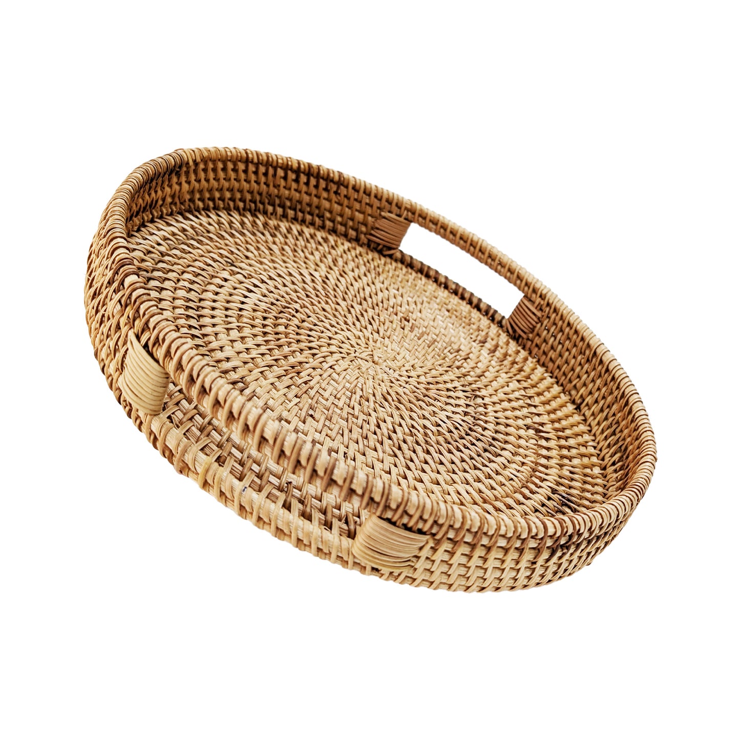 14'' Hand-Woven Round Wicker Basket with Handle Serving Tray Decorative Ottoman Platter for Coffee Table, Breakfast, Drinks, Snack, Bread, Fruit, Vegetables (Natural-Large+Medium)