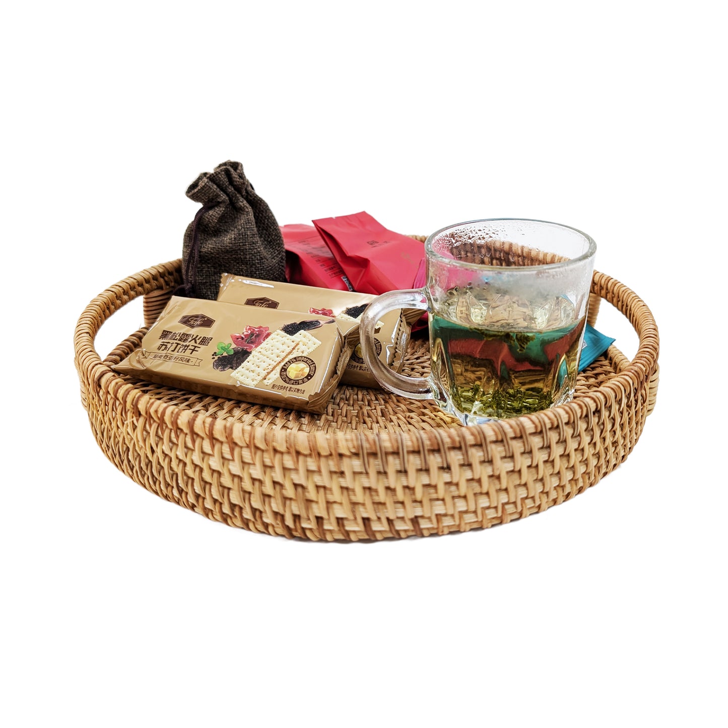 14'' Hand-Woven Round Wicker Basket with Handle Serving Tray Decorative Ottoman Platter for Coffee Table, Breakfast, Drinks, Snack, Bread, Fruit, Vegetables (Natural-Large+Medium)