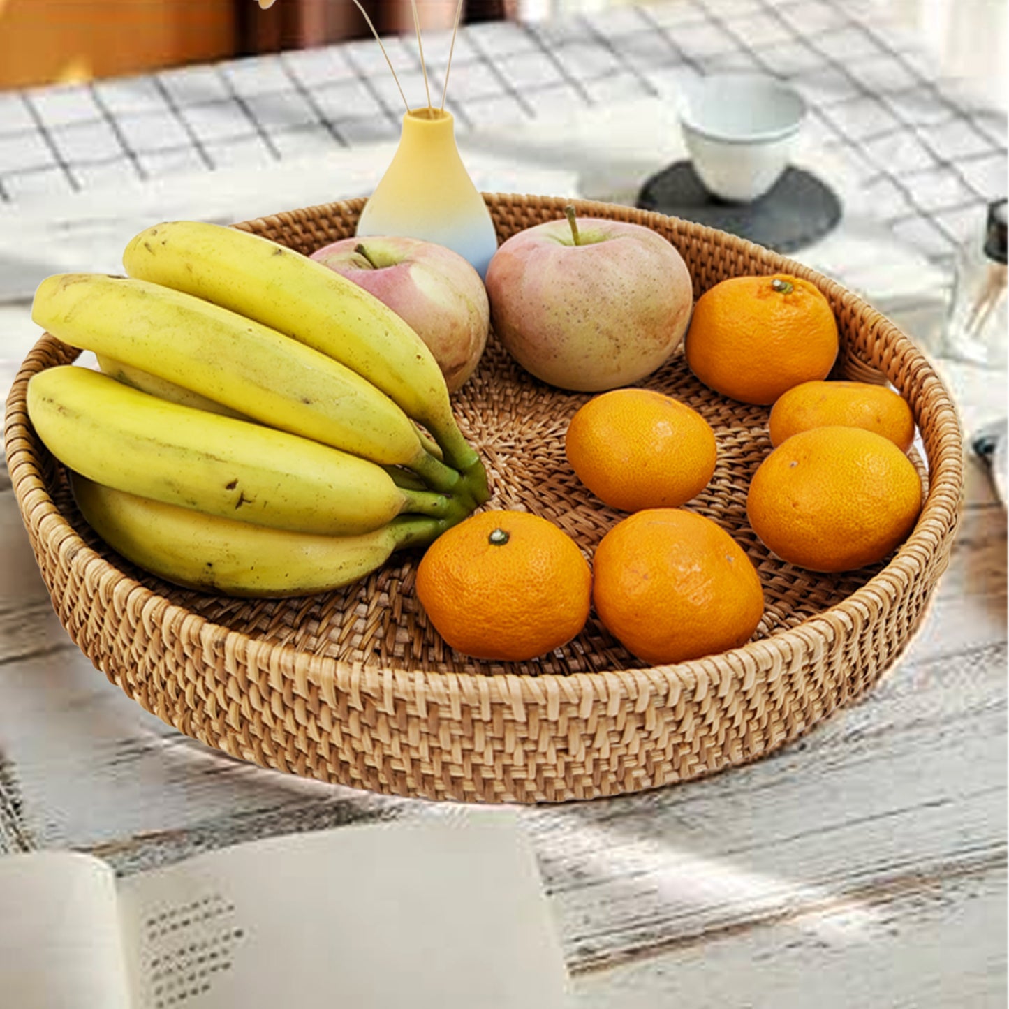 14'' Hand-Woven Round Wicker Basket with Handle Serving Tray Decorative Ottoman Platter for Coffee Table, Breakfast, Drinks, Snack, Bread, Fruit, Vegetables (Natural-Large+Medium)
