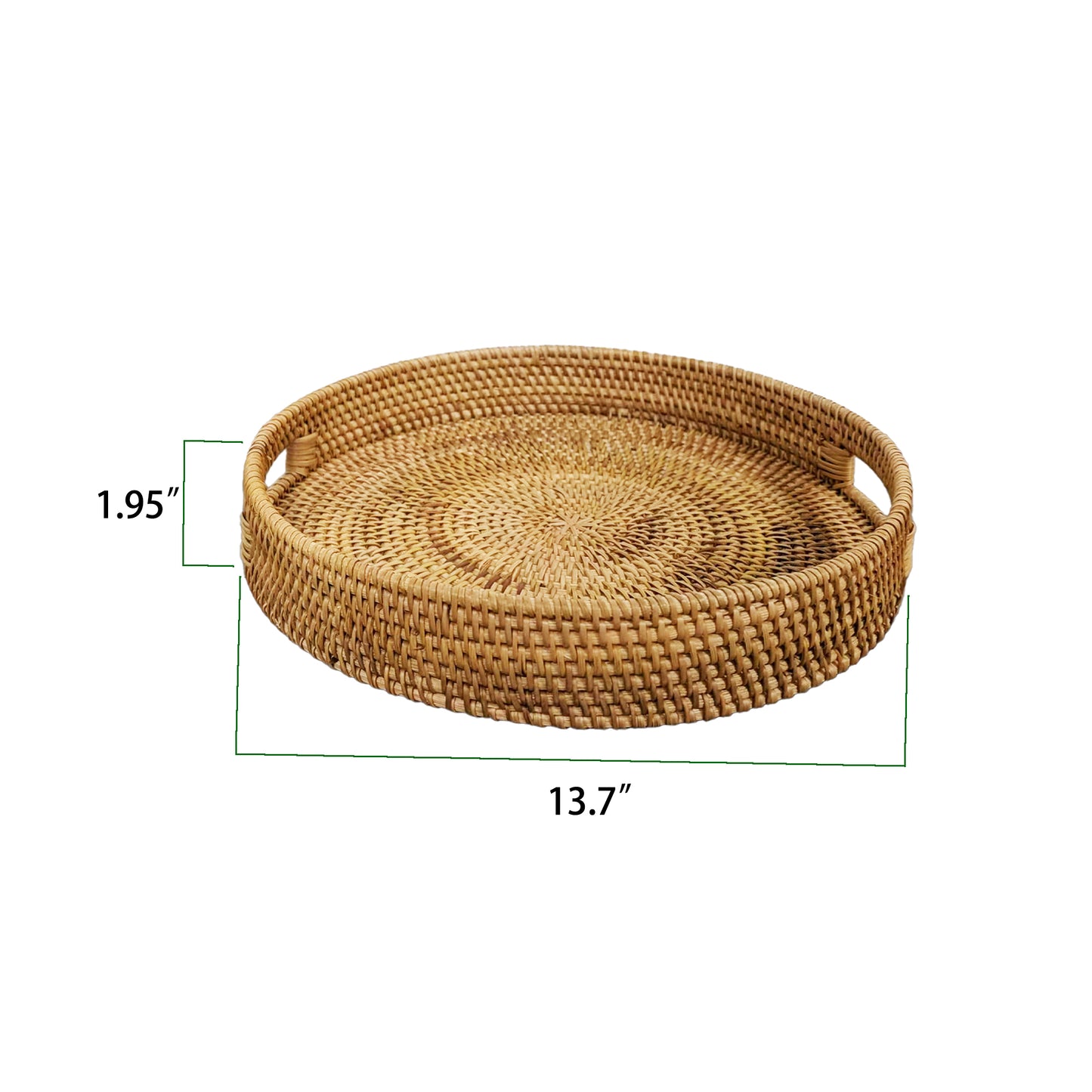 14'' Hand-Woven Round Wicker Basket with Handle Serving Tray Decorative Ottoman Platter for Coffee Table, Breakfast, Drinks, Snack, Bread, Fruit, Vegetables (Natural-Large+Medium)