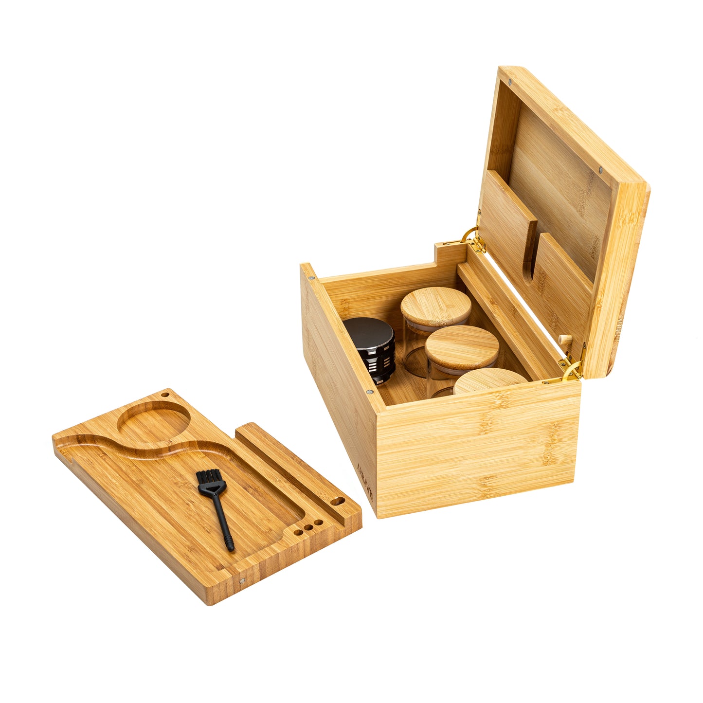 Combo Storage Box - Multipurpose Decorative Box with Removable Tray, Magnetic Lock, 2 Glass Jars - Bamboo Box (Natural Box) (Black Box)