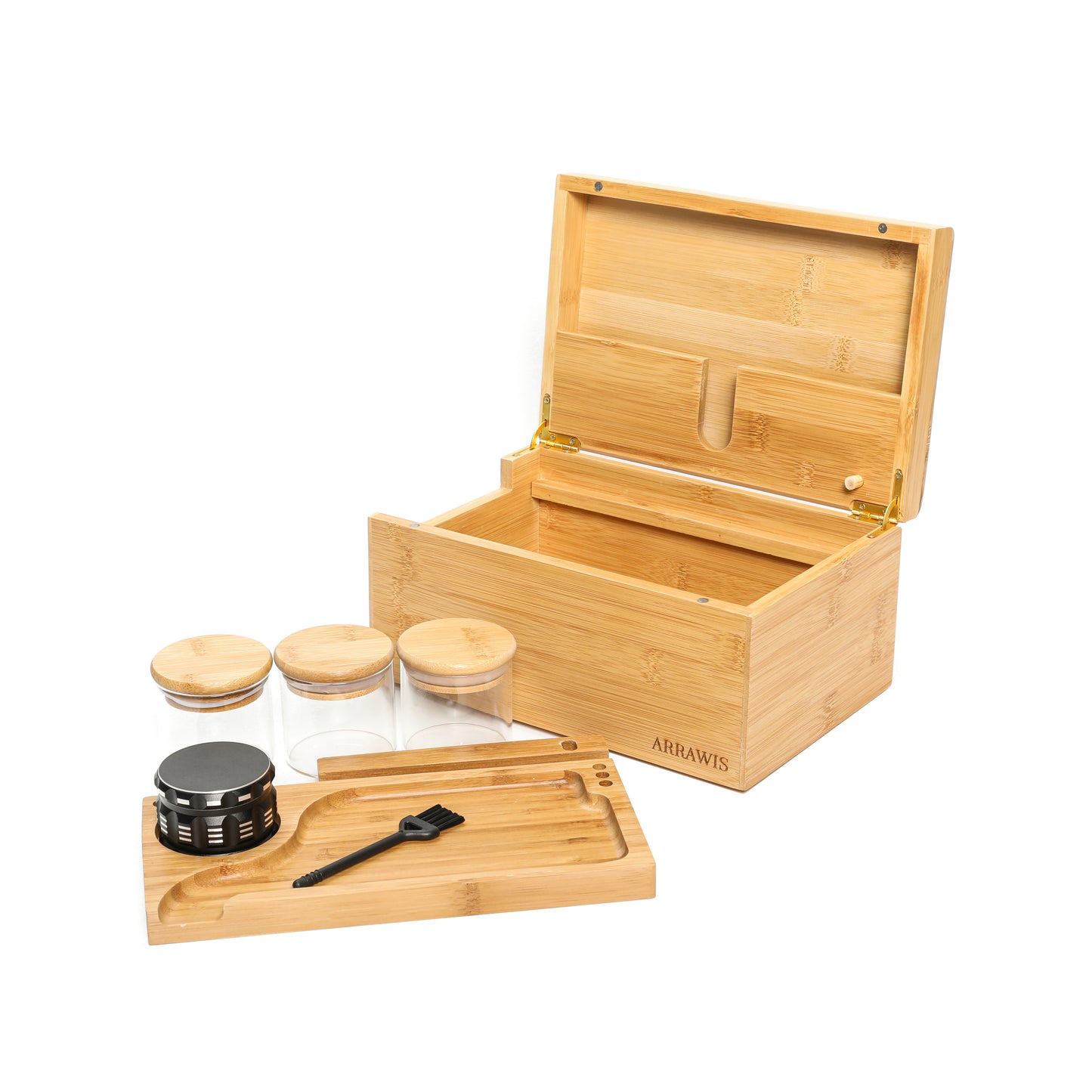 Combo Storage Box - Multipurpose Decorative Box with Removable Tray, Magnetic Lock, 2 Glass Jars - Bamboo Box (Natural Box) (Black Box)