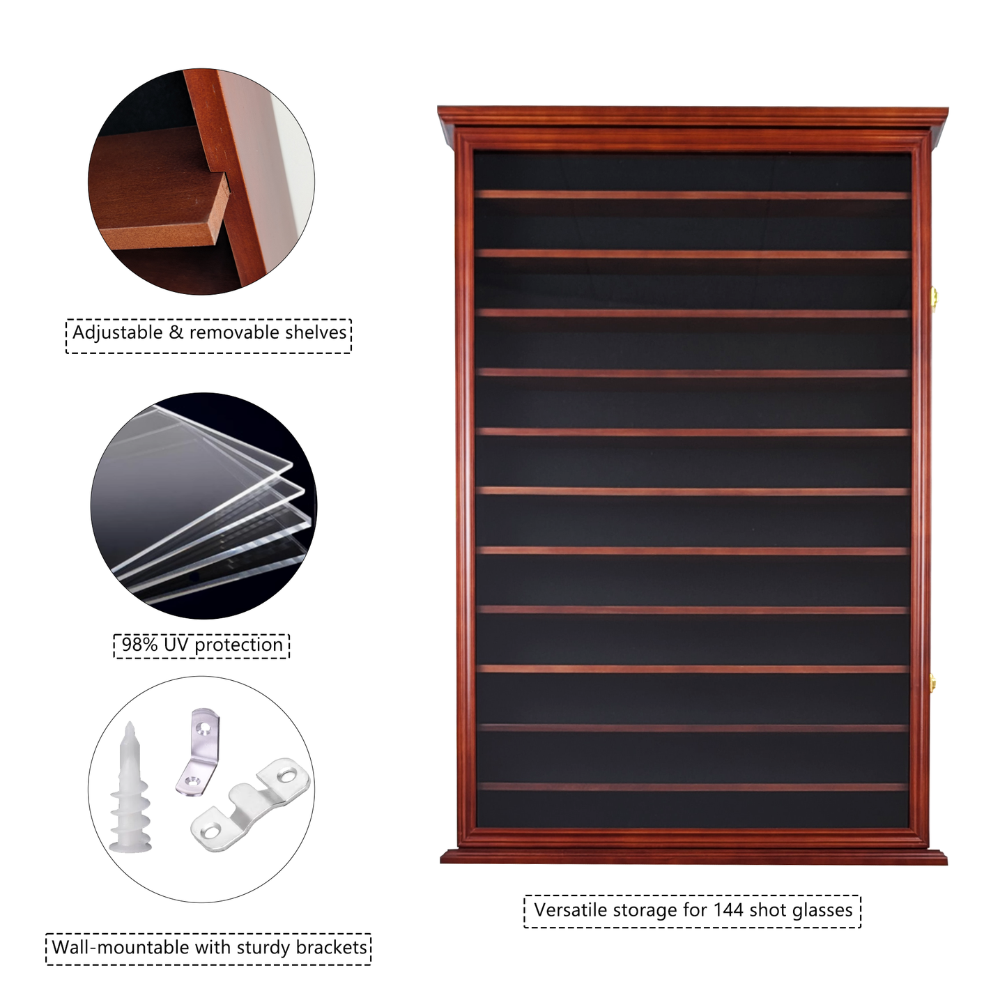 Solid Wood 144 Shot Glass Display Case Holder Cabinet Wall Curio Shadow Box for Action Figures Small Figurines Rack Lockable Door
