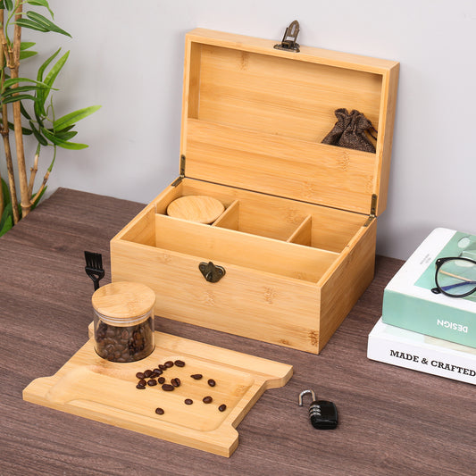 Wooden Lock box Bamboo Chest Kit Storage Box with Bamboo Tray Decorative Box with Combination Lock Box - Trendy & Large Bamboo Box with 3 Glass Jars and Detachabe Tray Wooden Box with Lock