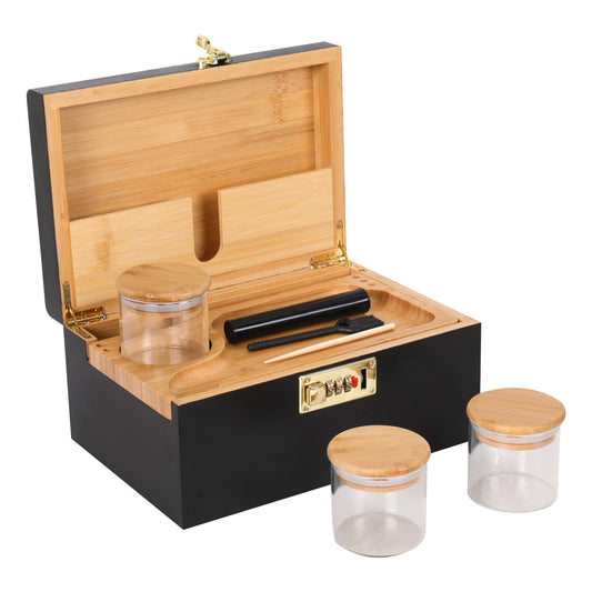 ARTAWEIN Combo Storage Box - Multipurpose Decorative Box with Removable Tray 3 Glass Jars - Wooden Lock box with Combination Lock - Wooden box with Lock