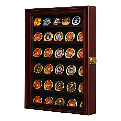 Military Challenge Coin Display Case Lockable Cabinet Rack Holder Shadow Box with Removable 2 Grooves Shelves and Anti Fade Acrylic Glass Door Challenge Coin Display Wall Mount