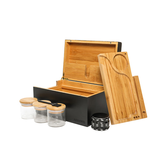 Combo Storage Box - Multipurpose Decorative Box with Removable Tray, Magnetic Lock, 2 Glass Jars - Bamboo Box (Natural Box) (Black Box)