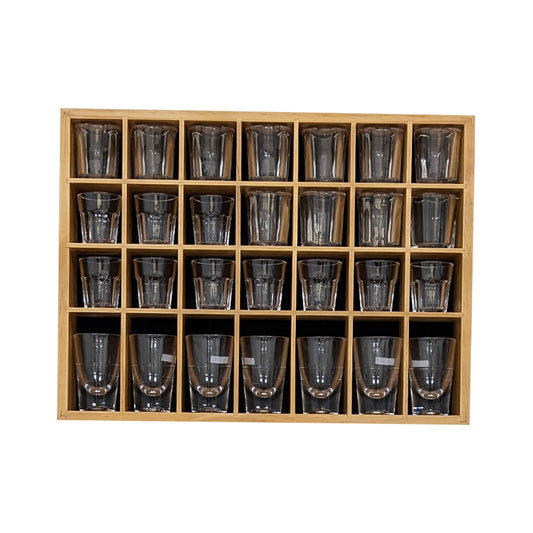 Shot Glass Display Case, Stylish Black Finish Glass Display Case for Display, 28 Slots Freestanding & Wall Mountable Shot Glass Holder, Perfect for Collectors - No Door (with 1 Row for Tall Shooters)