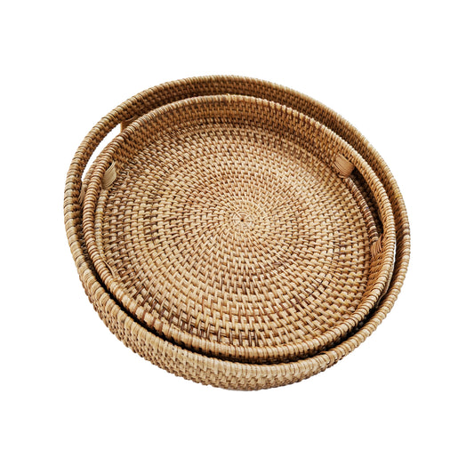 14'' Hand-Woven Round Wicker Basket with Handle Serving Tray Decorative Ottoman Platter for Coffee Table, Breakfast, Drinks, Snack, Bread, Fruit, Vegetables (Natural-Large+Medium)