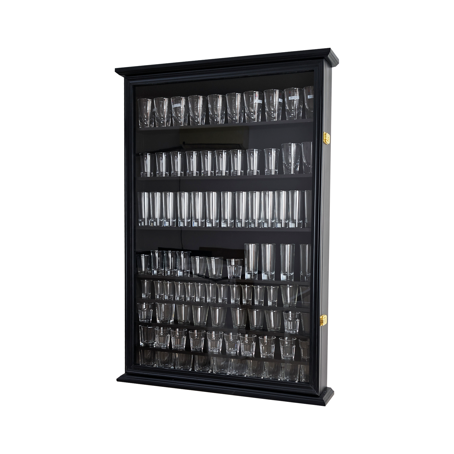 Solid Wood 144 Shot Glass Display Case Holder Cabinet Wall Curio Shadow Box for Action Figures Small Figurines Rack Lockable Door