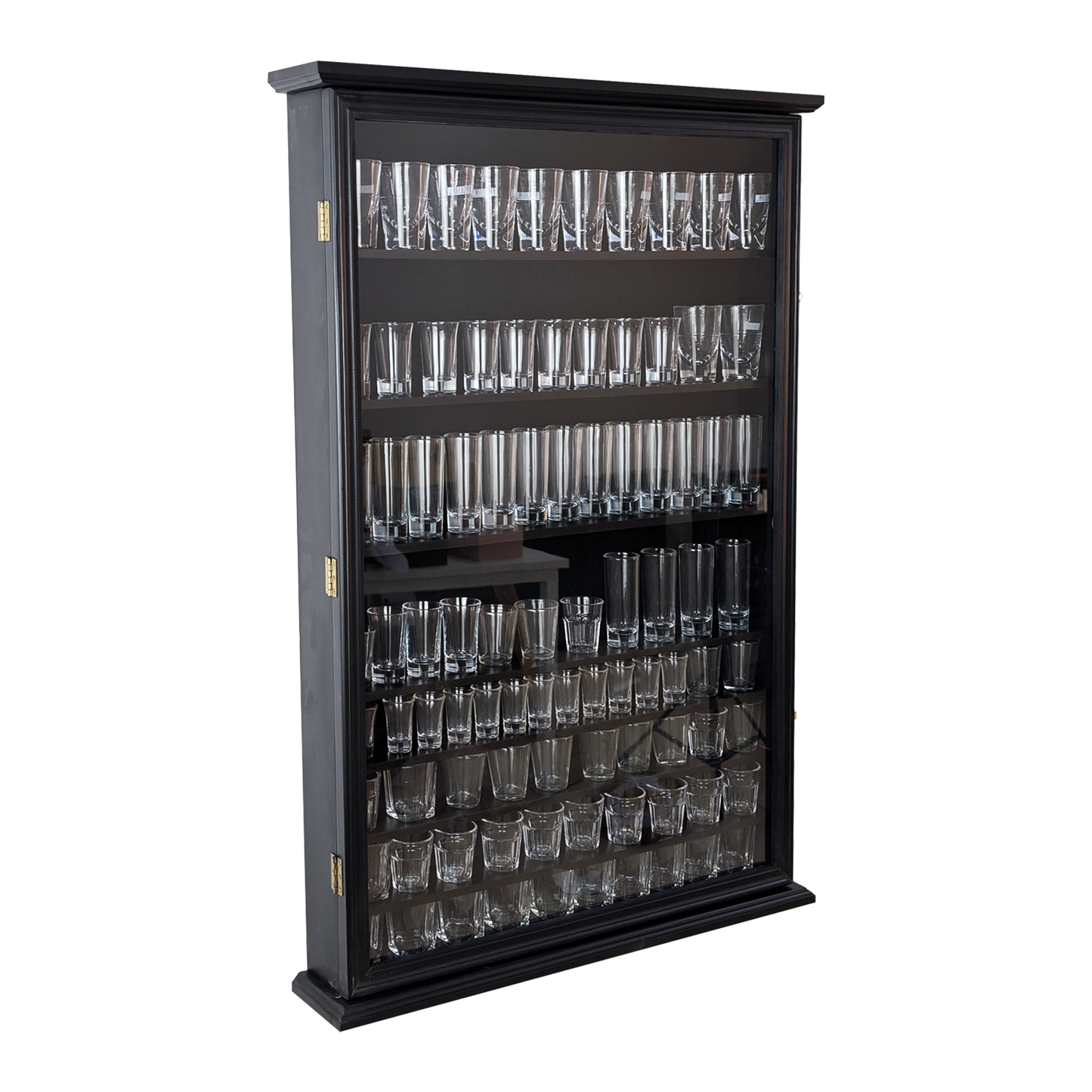 Solid Wood 144 Shot Glass Display Case Holder Cabinet Wall Curio Shadow Box for Action Figures Small Figurines Rack Lockable Door