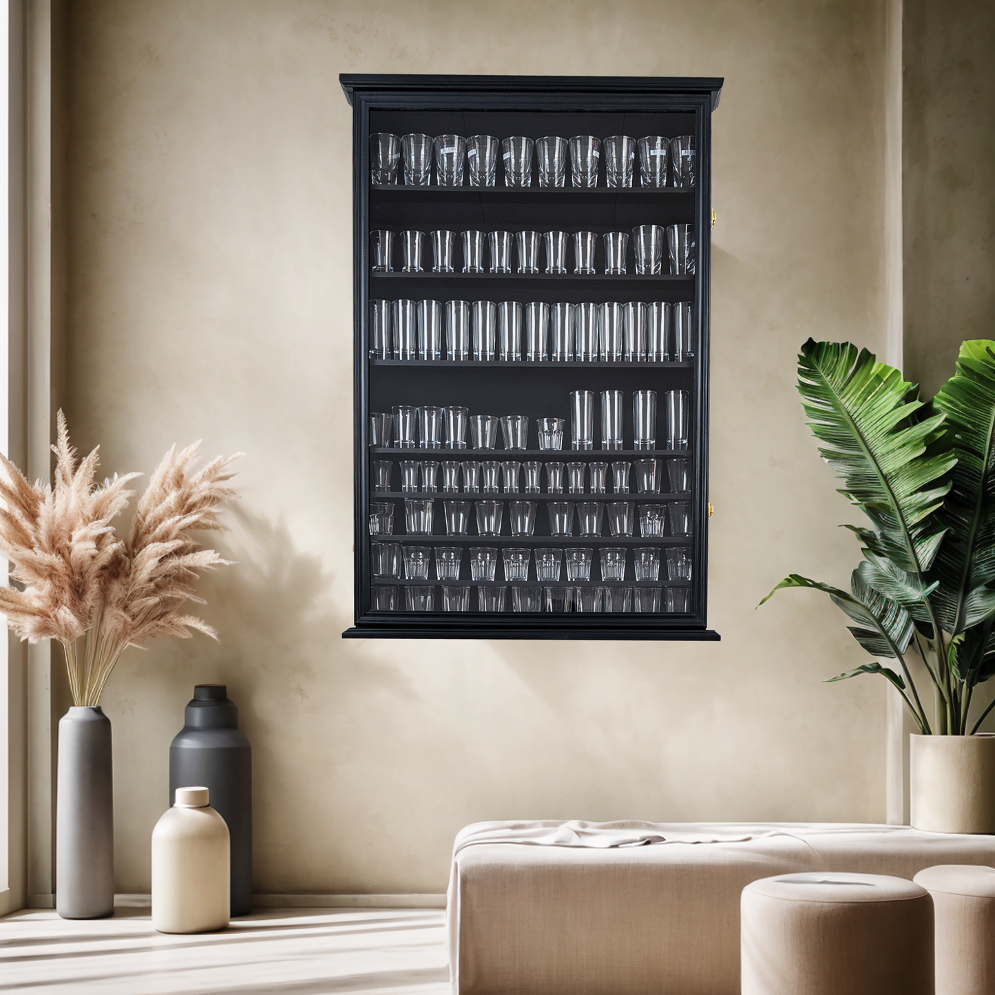 Solid Wood 144 Shot Glass Display Case Holder Cabinet Wall Curio Shadow Box for Action Figures Small Figurines Rack Lockable Door