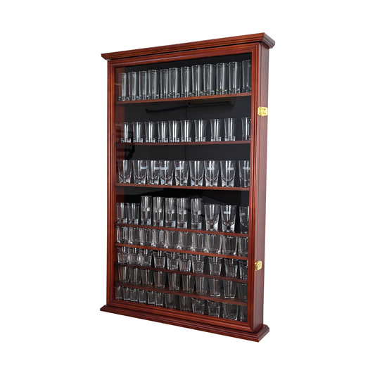 Solid Wood 144 Shot Glass Display Case Holder Cabinet Wall Curio Shadow Box for Action Figures Small Figurines Rack Lockable Door