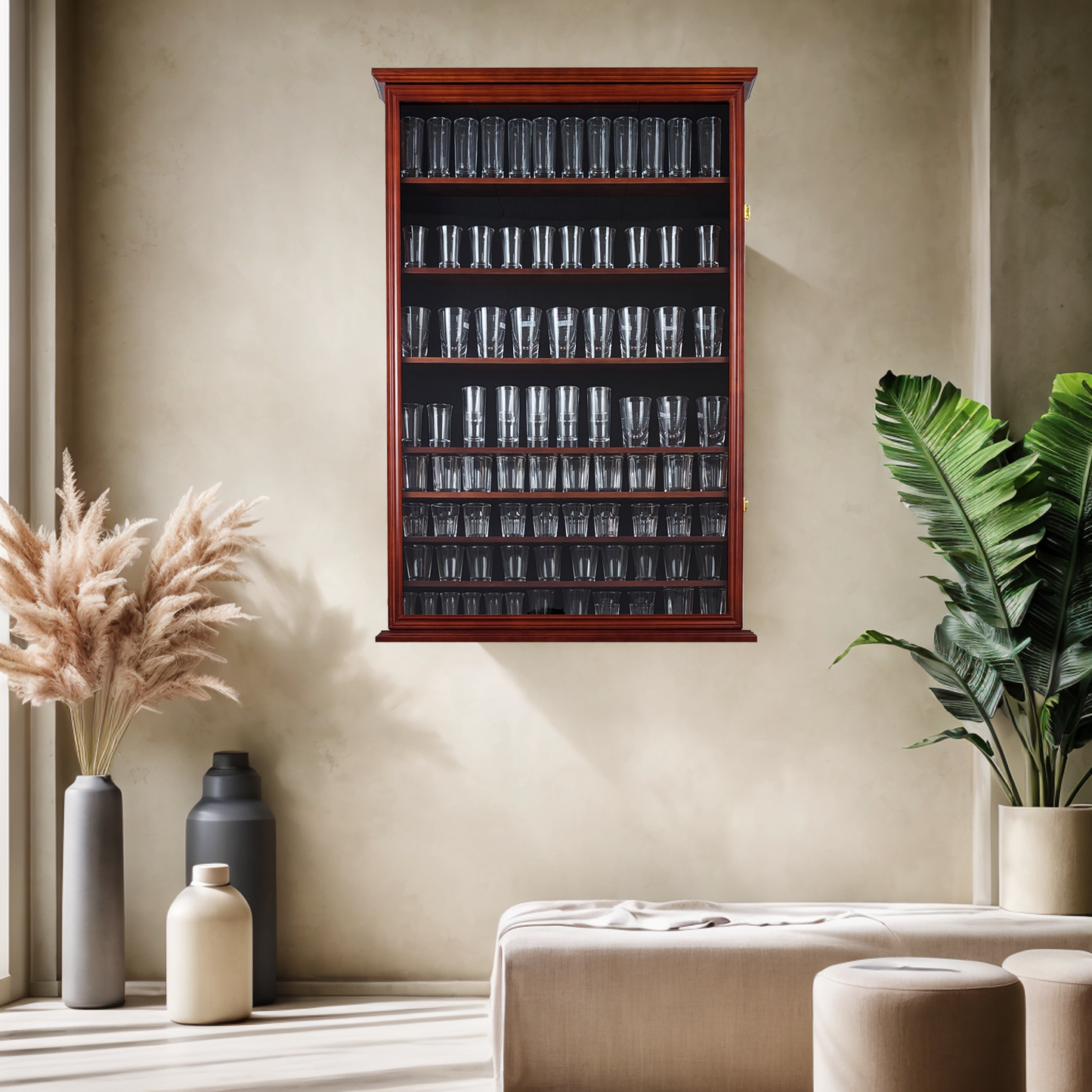 Solid Wood 144 Shot Glass Display Case Holder Cabinet Wall Curio Shadow Box for Action Figures Small Figurines Rack Lockable Door