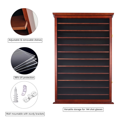 Solid Wood 144 Shot Glass Display Case Holder Cabinet Wall Curio Shadow Box for Action Figures Small Figurines Rack Lockable Door