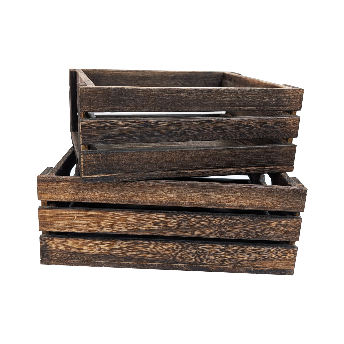 Rustic Paulownia Wood Nesting Storage Crates with Handles - Set of 2 Vintage Barnwood Decorative Wooden Boxes for Home Organization, Displays & Crafts
