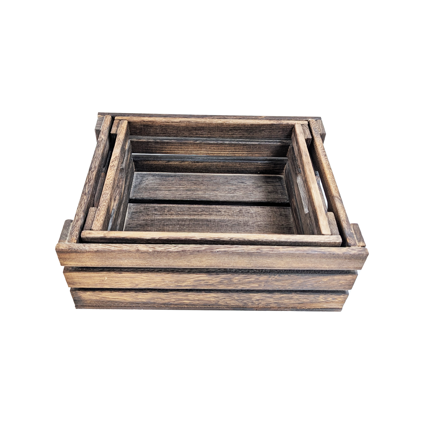 Rustic Paulownia Wood Nesting Storage Crates with Handles - Set of 2 Vintage Barnwood Decorative Wooden Boxes for Home Organization, Displays & Crafts